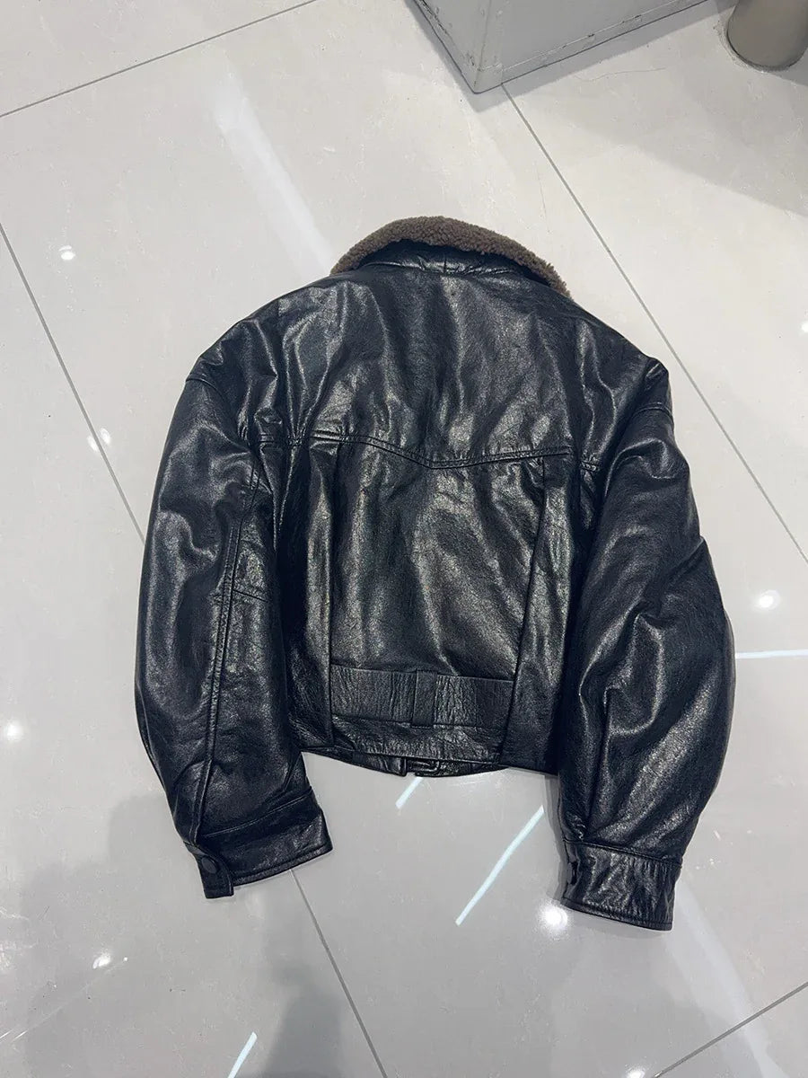 women genuine sheepskin bomber jacket with fur collar