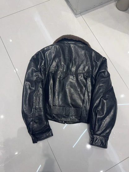 women genuine sheepskin bomber jacket with fur collar