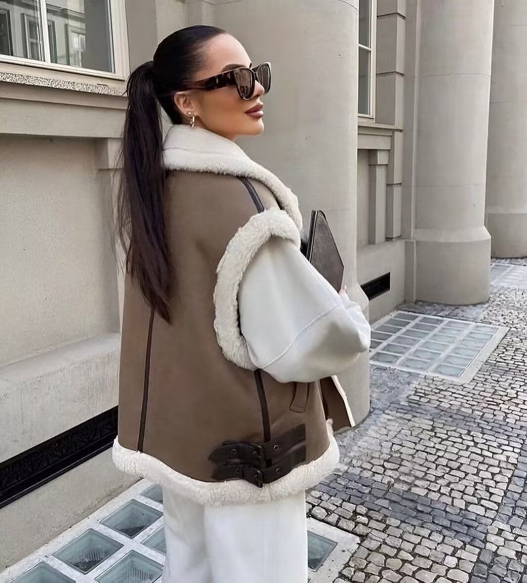 Faux suede fleece lined sleeveless vest jacket