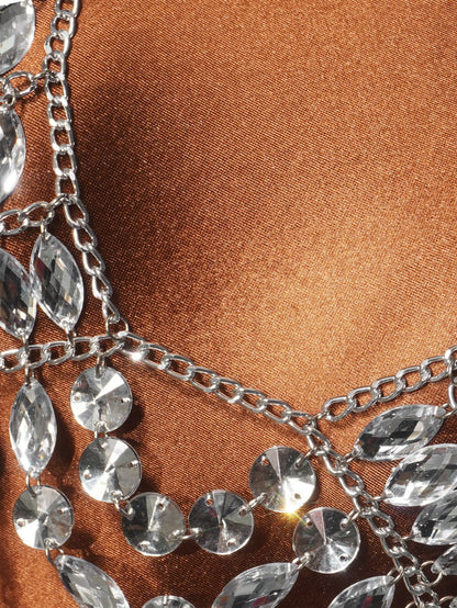 Silver Rhinestone Bra Chain Top with Layered Drapes