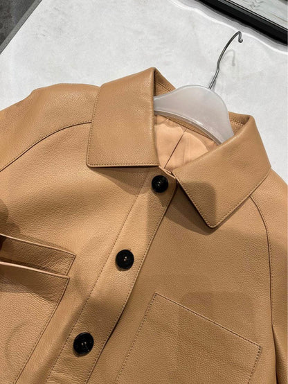 Women Genuine Cropped Leather Bomber Jacket