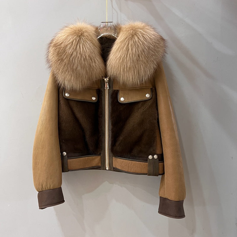 Women Real Fur Bomber Jacket Genuine Sheepskin with Fox Fur Collar