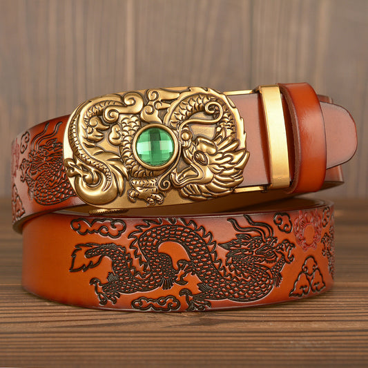 Men Western Dragon Buckle Genuine Leather Belt