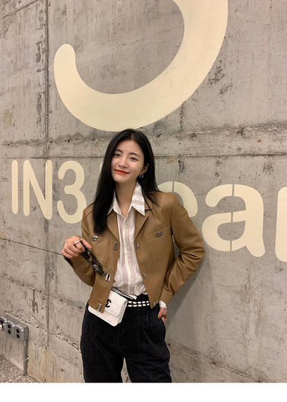Women Cropped Leather Jacket Short Brown