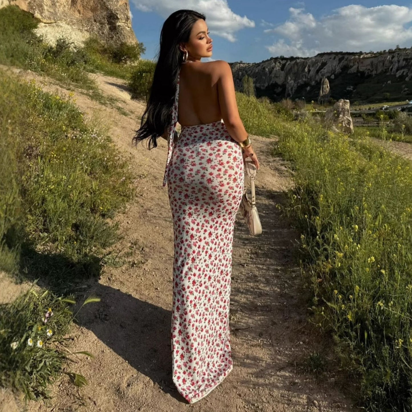 Ruched Side Slit Midi Maxi Dress Boho Summer Floral with Slit