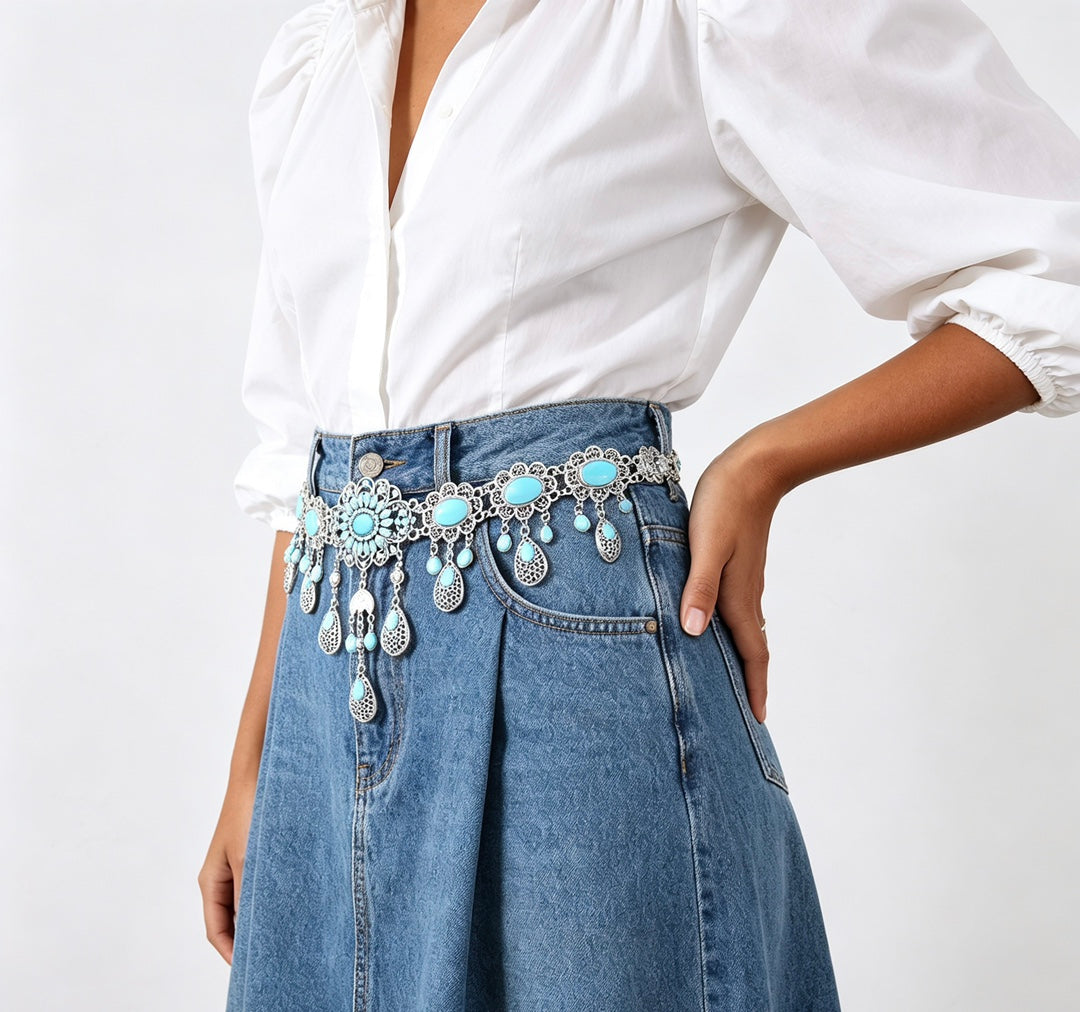 Waist Chain Faux Turquoise Tassel Belt for Women