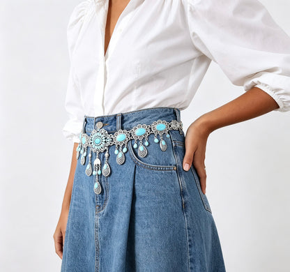 Waist Chain Faux Turquoise Tassel Belt for Women