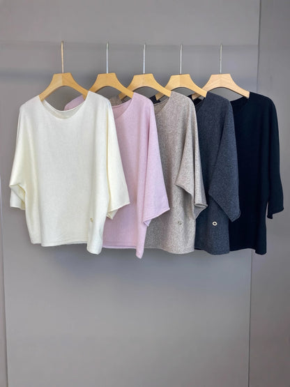 Women Wool Cashmere Round Neck Mid Sleeve Sweater