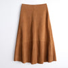 Women Genuine Leather Suede Skirt High Waist Midi Umbrella Cut