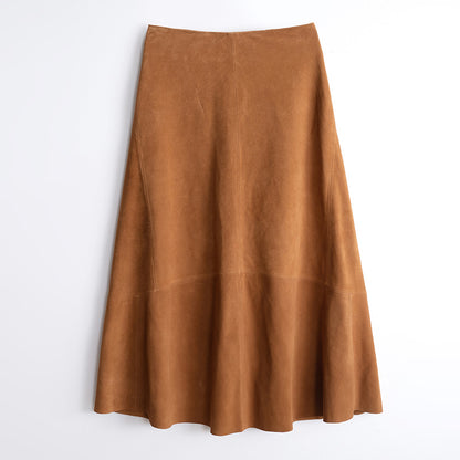 Women Genuine Leather Suede Skirt High Waist Midi Umbrella Cut