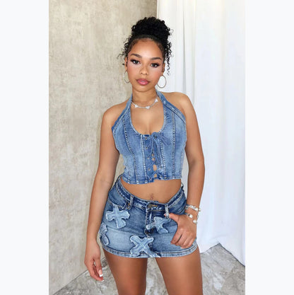 Denim Halter Lace-Up Vest Top for Women