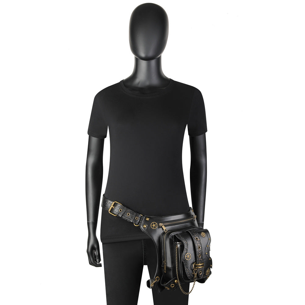 Punk Waist Leg Bag Black PU Chain and Motorcycle Style