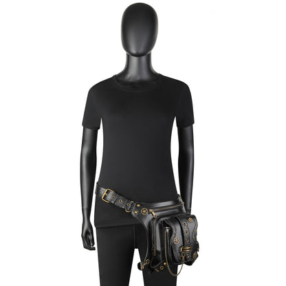 Punk Waist Leg Bag Black PU Chain and Motorcycle Style