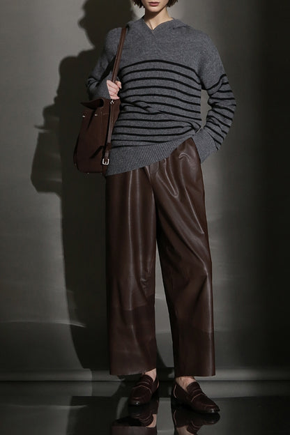 Women Genuine Leather High Waisted Wide Leg Pants
