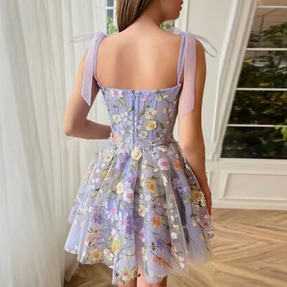 Women's mini sundresses with 3d floral embroidery