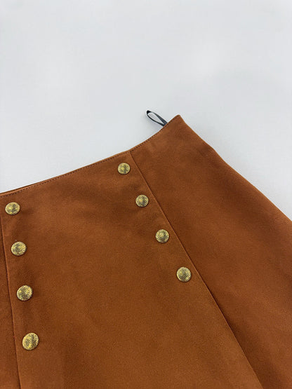 High-Waisted Suede Skirt with Gold Button Detail