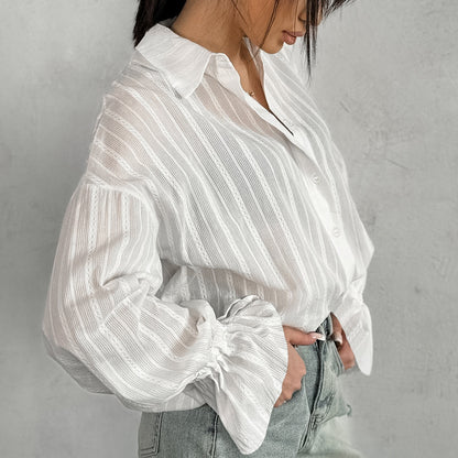 Women’s White Jacquard Cotton Shirt with Bell Sleeves