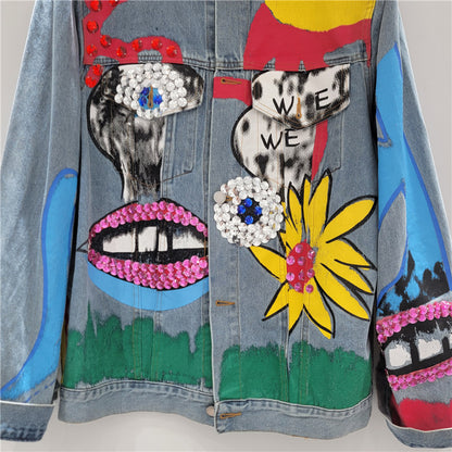 Women Hand-Painted Oversized Graffiti Beaded Denim Jacket