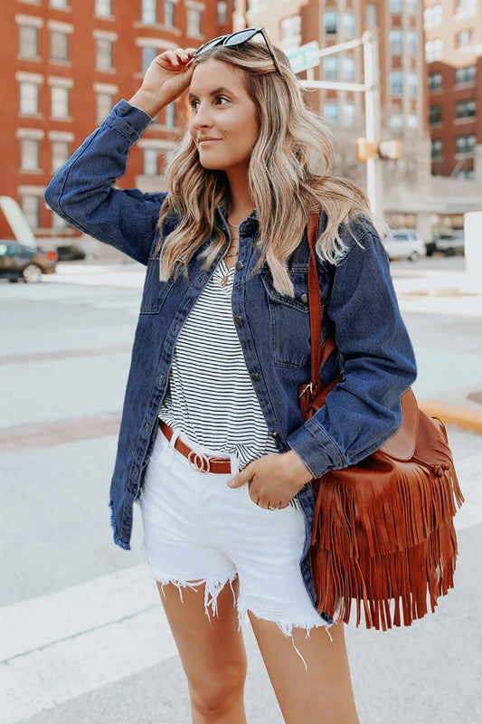 Street Style Dark Blue Oversized Denim Shirt Jacket