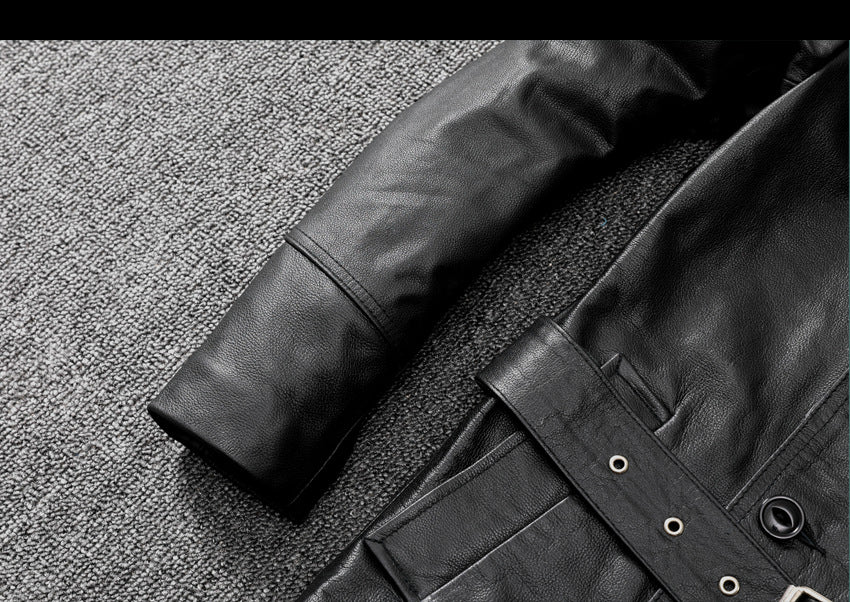 Men mid length leather trench coat jacket