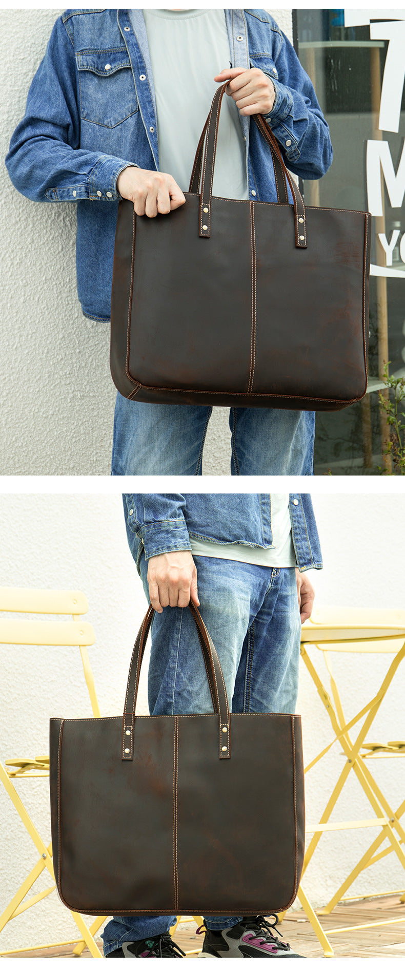 Brown Leather Tote Bag with Zipper for Men and Women