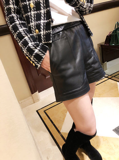 Women’s Genuine Sheepskin Leather High Waist Shorts with Pockets
