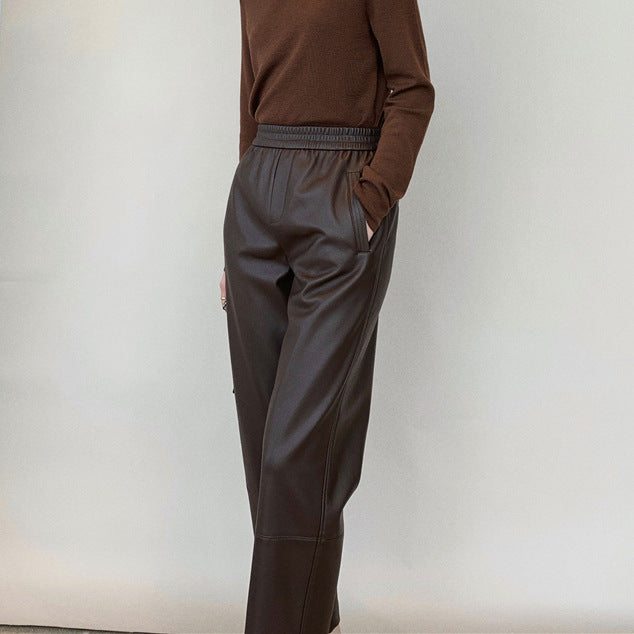 Women’s Genuine Leather Pants High Waist Wide-Leg Trousers