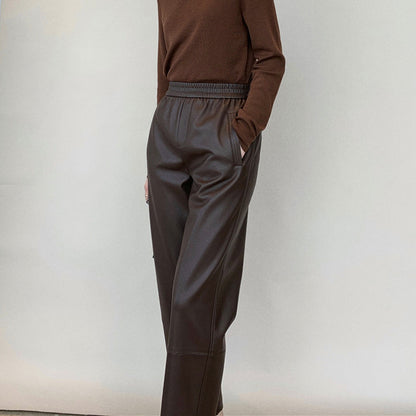 Women’s Genuine Leather Pants High Waist Wide-Leg Trousers