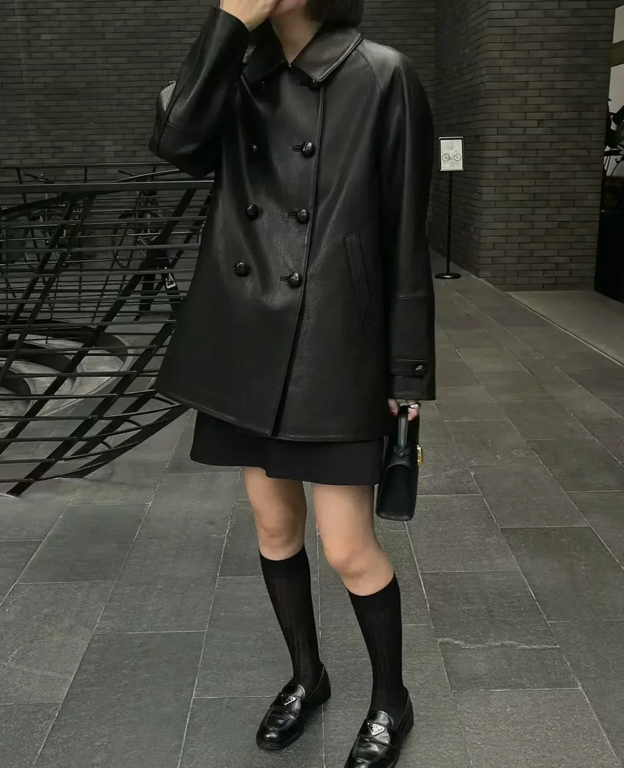 Women’s Leather Double-Breasted Oversized Jacket