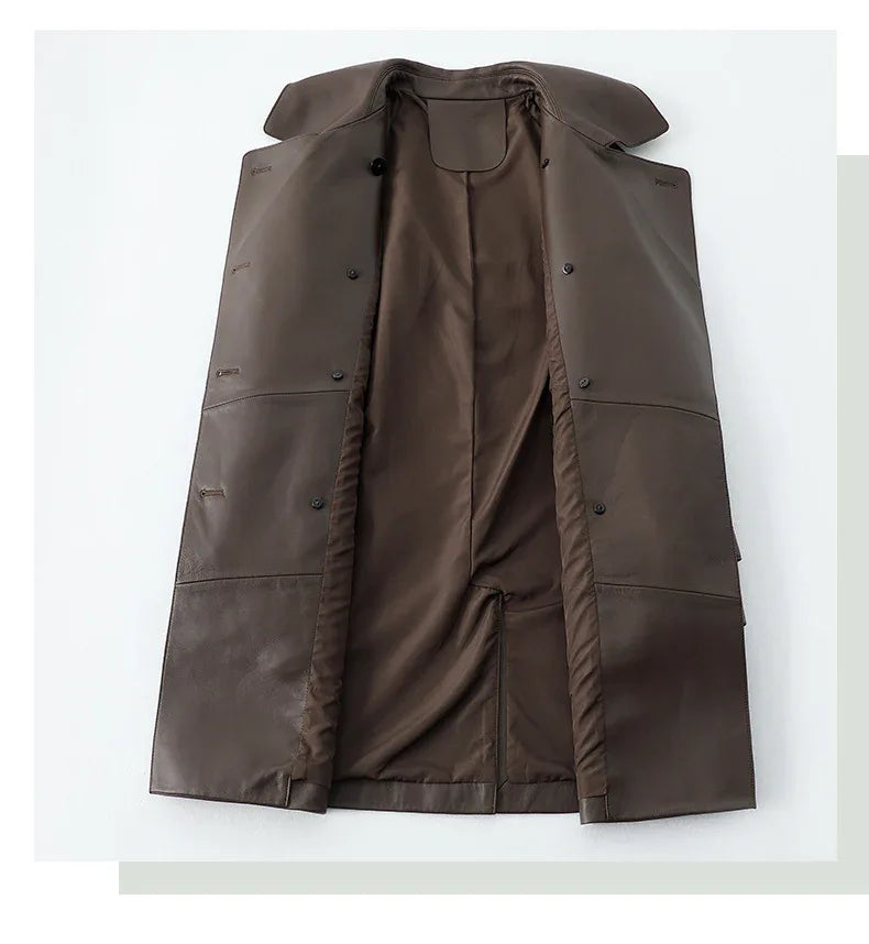 Women genuine leather long trench coat