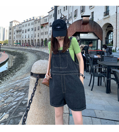 Denim Casual Distressed Overalls Bib Shorts