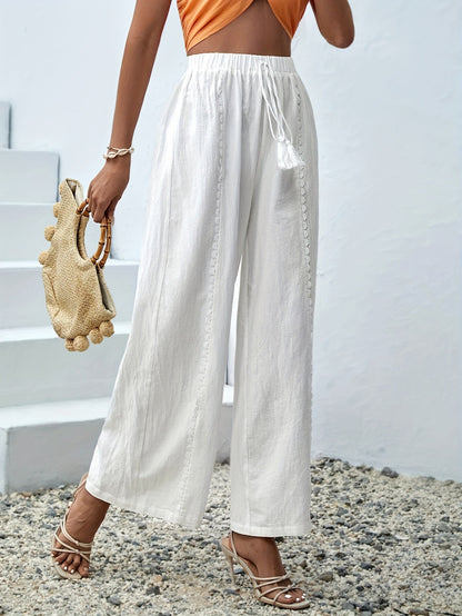 White Cotton Wide Leg Beach Pants for Women