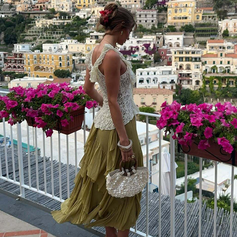 Lace-Up One Shoulder Top for Women Ruffle Ribbon Blouse