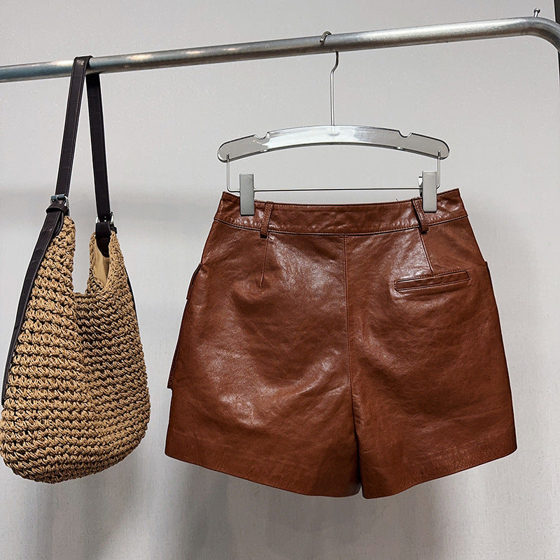 High Waisted Black Genuine Leather Shorts with Front Pockets