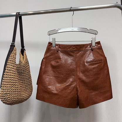 High Waisted Black Genuine Leather Shorts with Front Pockets