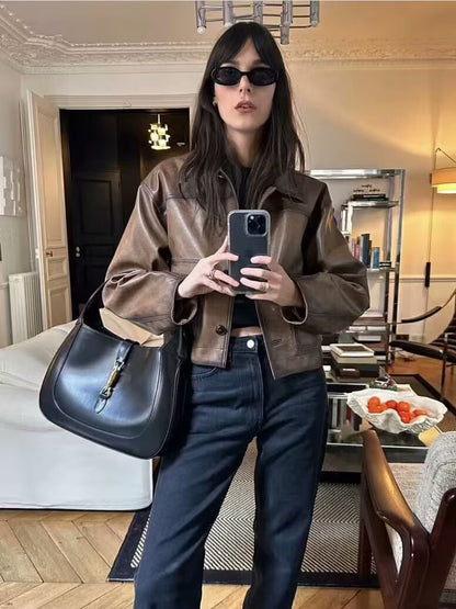 Brown Faux Leather Bomber Jacket for Women Cropped