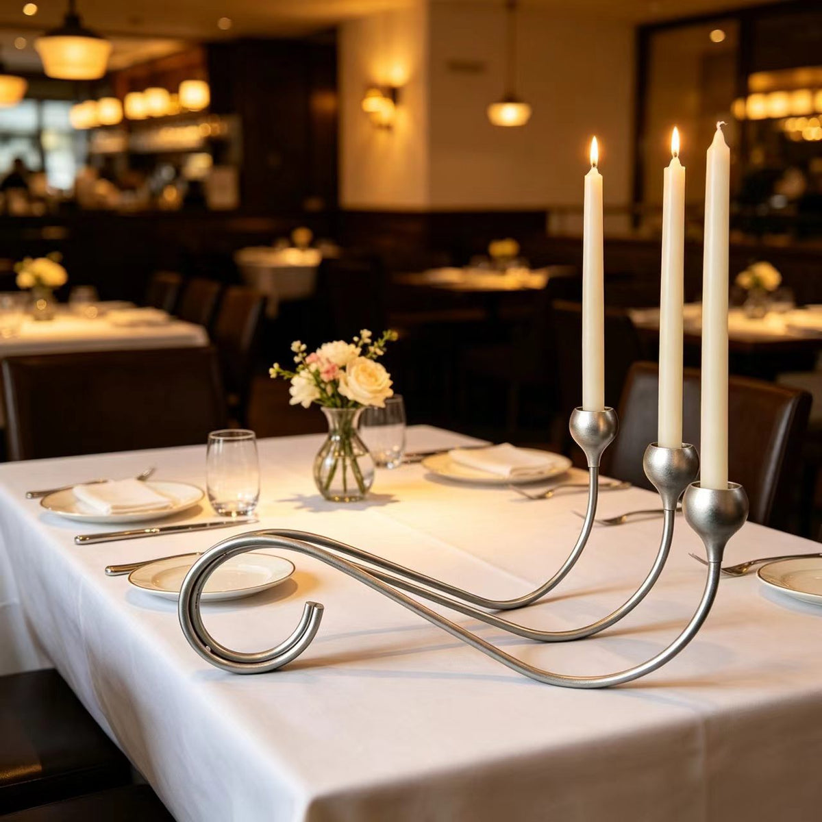 Three Arm Silver Taper Candle Holder for Dining Table Decor