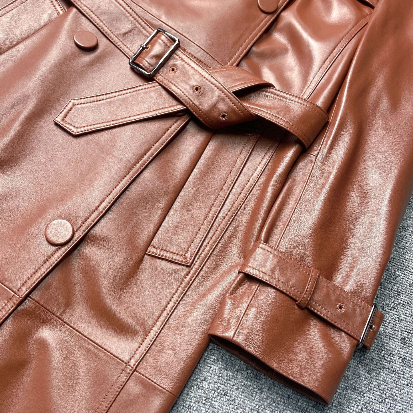 Women Genuine Leather Double Breasted Trench Coat With Belt
