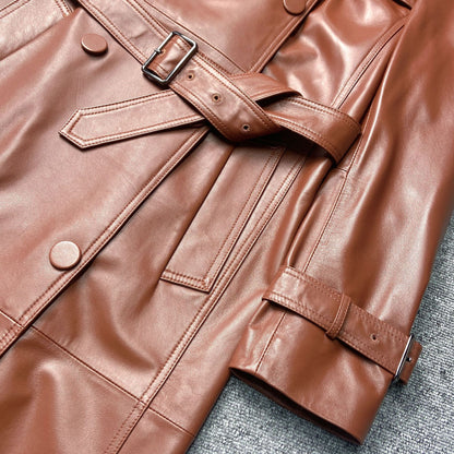 Women Genuine Leather Double Breasted Trench Coat With Belt