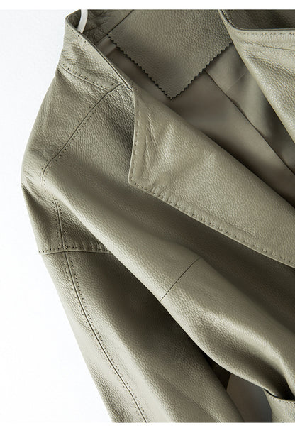 Women Leather Jacket Lychee Grain Belted Short Coat