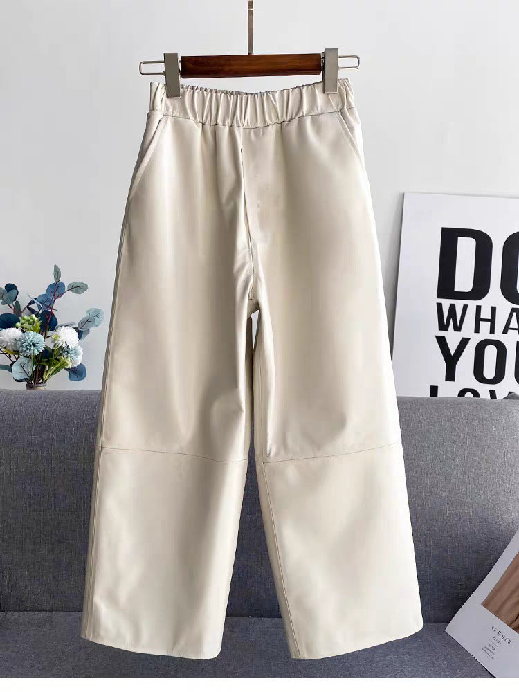Women High Waisted Genuine Leather Straight Leg Pants