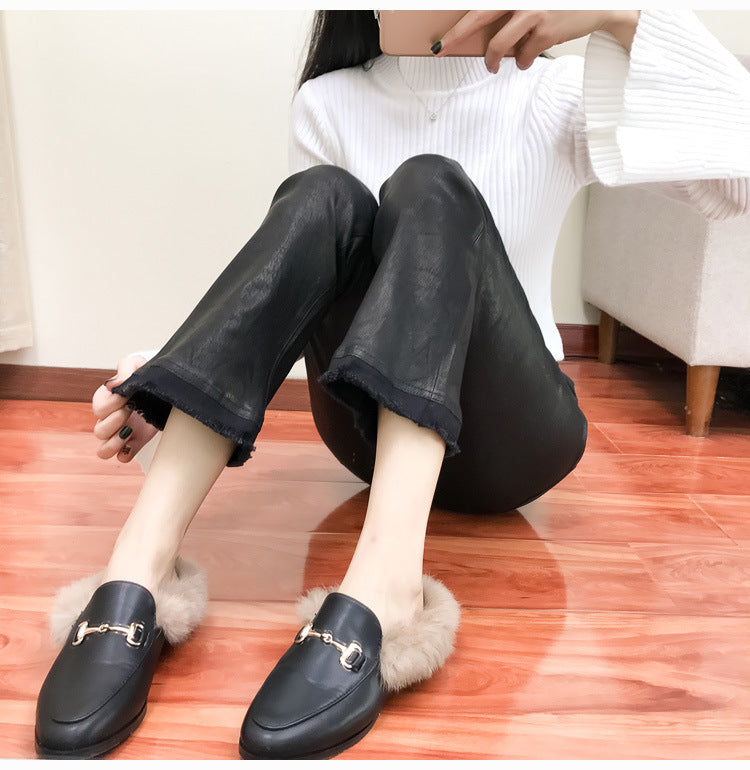Women’s Leather Capri Pants Cropped Flared with Tassel Hem