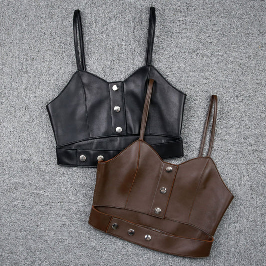 Leather Camisole Vest Cropped Corset Top with Snap Belt