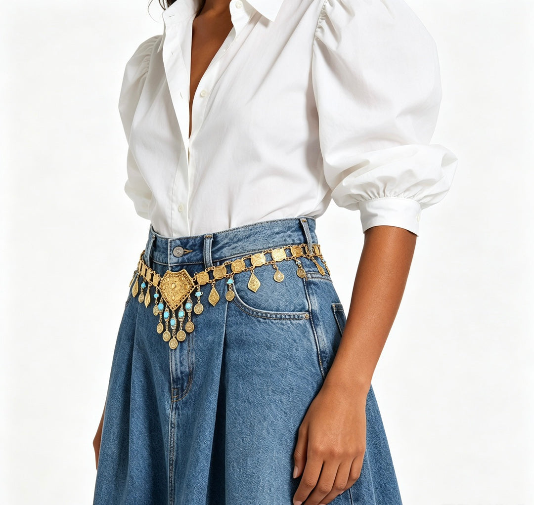Gold Waist Chain with Coin Tassels and Turquoise Accents