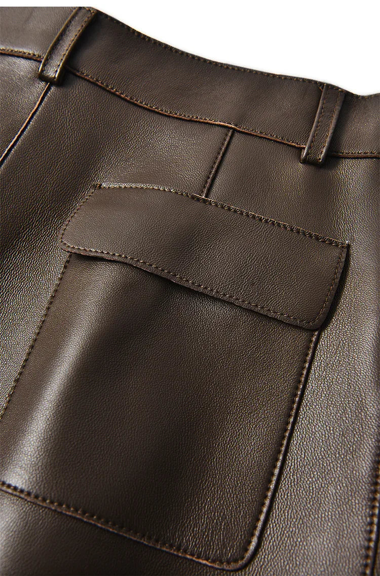 High waisted midi leather skirt with front slit and pockets