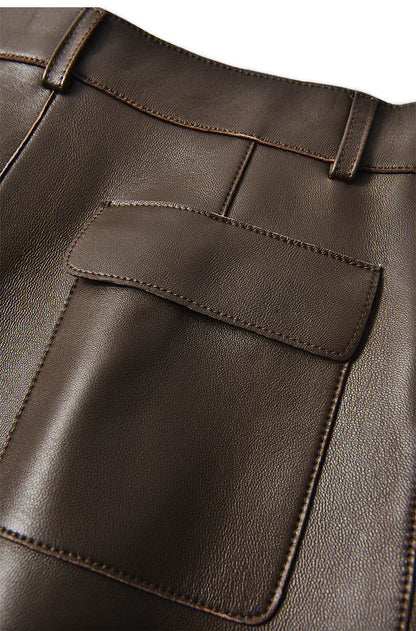 High waisted midi leather skirt with front slit and pockets