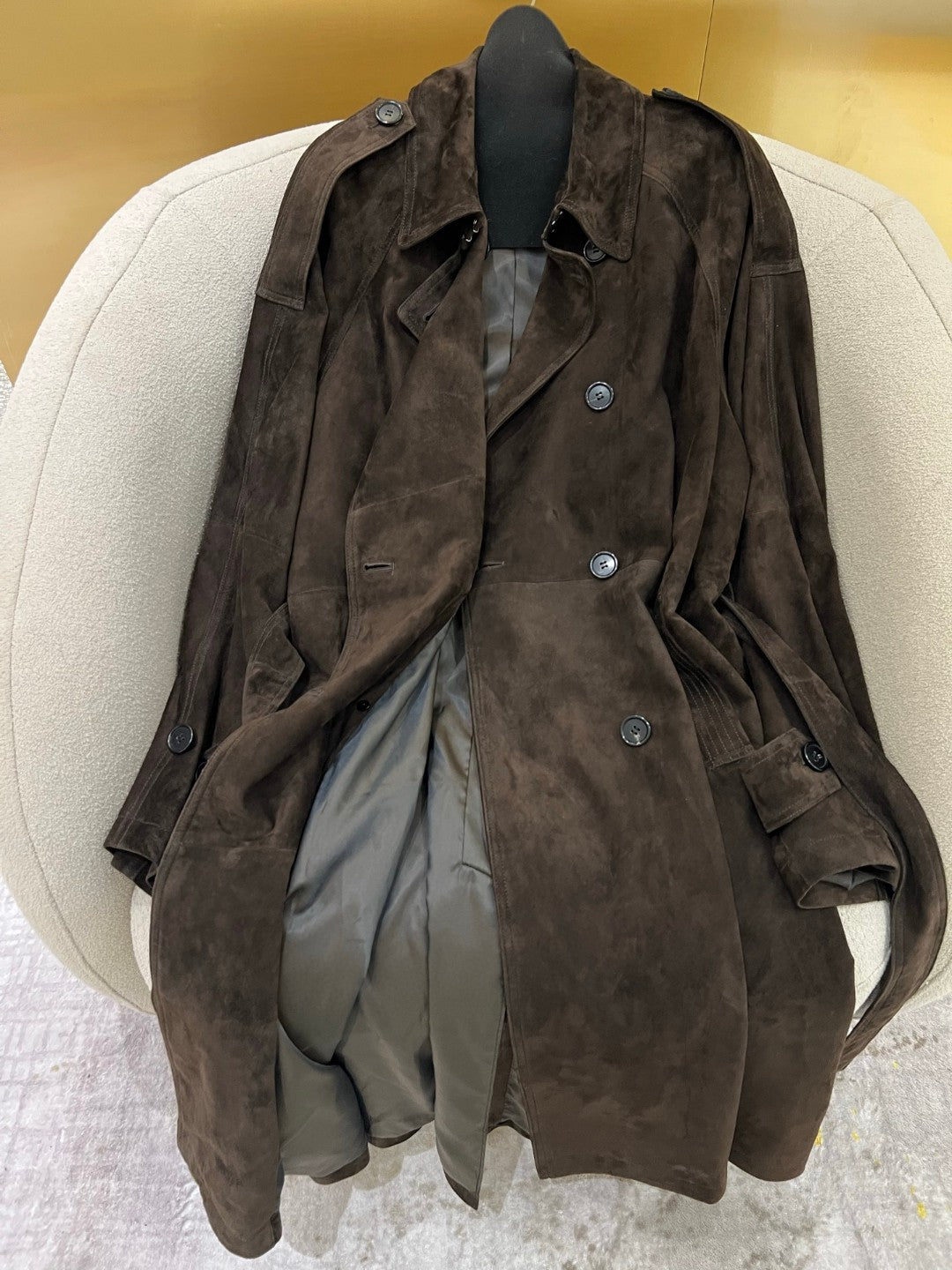 Women’s Brown Suede Double-Breasted Trench Coat with Belt