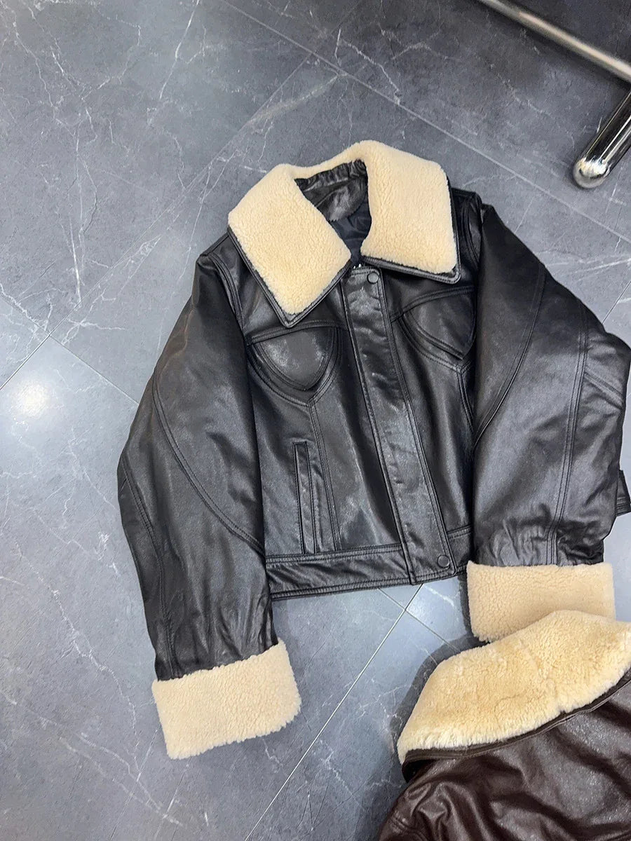 Womens waxed leather down aviator bomber jacket