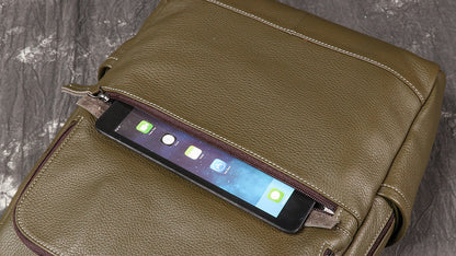 Genuine Leather Backpack Army Green 15 Inch Laptop
