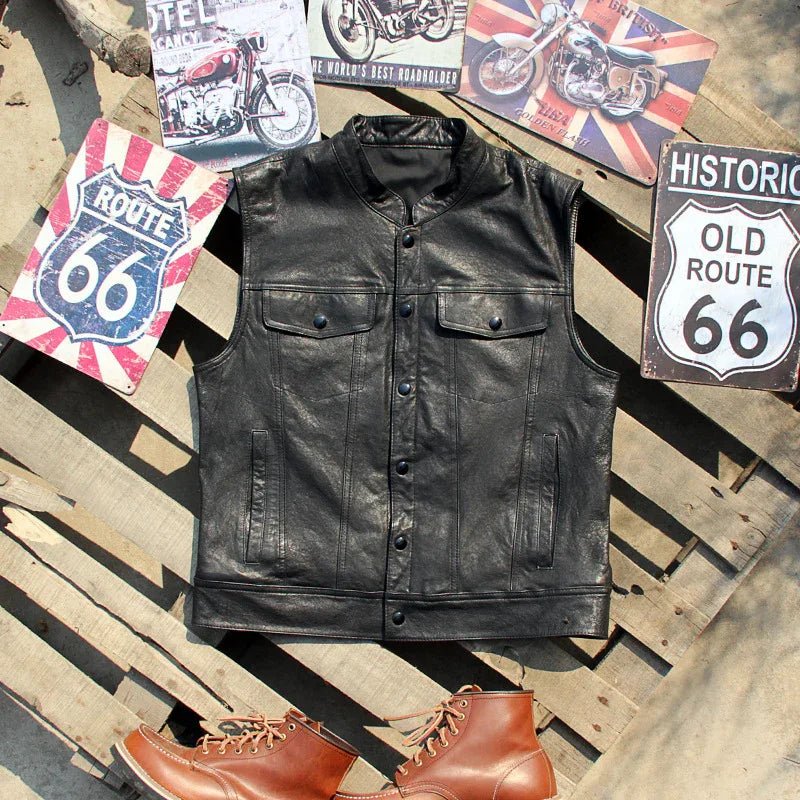 Stand collar lambskin leather motorcycle riding vest